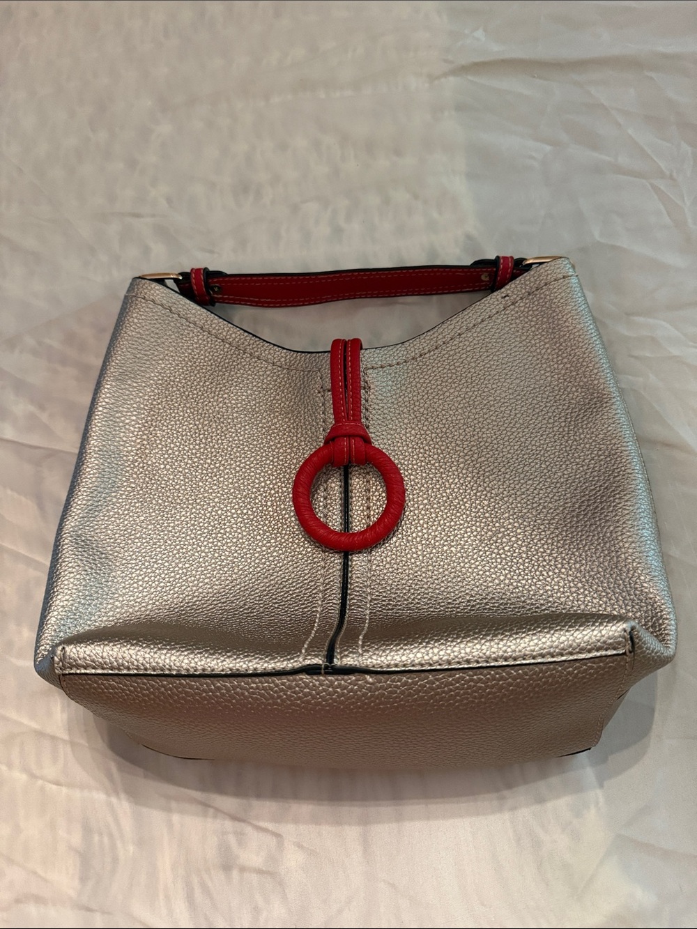 Metallic Silver Shoulder Bag with Red Accent Ring